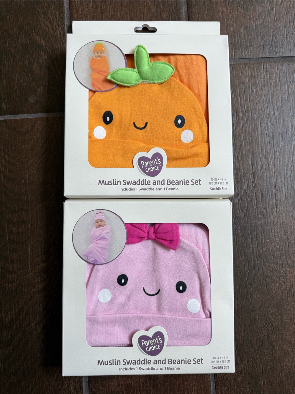 Pink and Orange baby Muslin Swaddle & Beanie Set - Cute Character Design